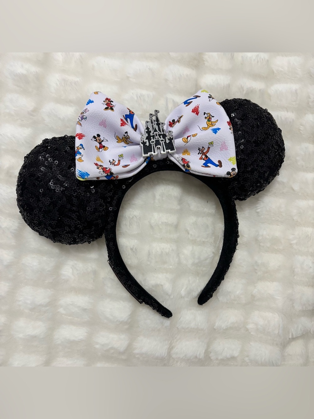 Disney Parks X Loungefly Mickey and Friends Castle Ears Black Sequin Leather Bow